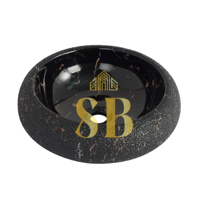 Black above-counter stone washbasin